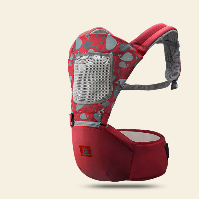 Red baby carrier with gray accents on a beige background