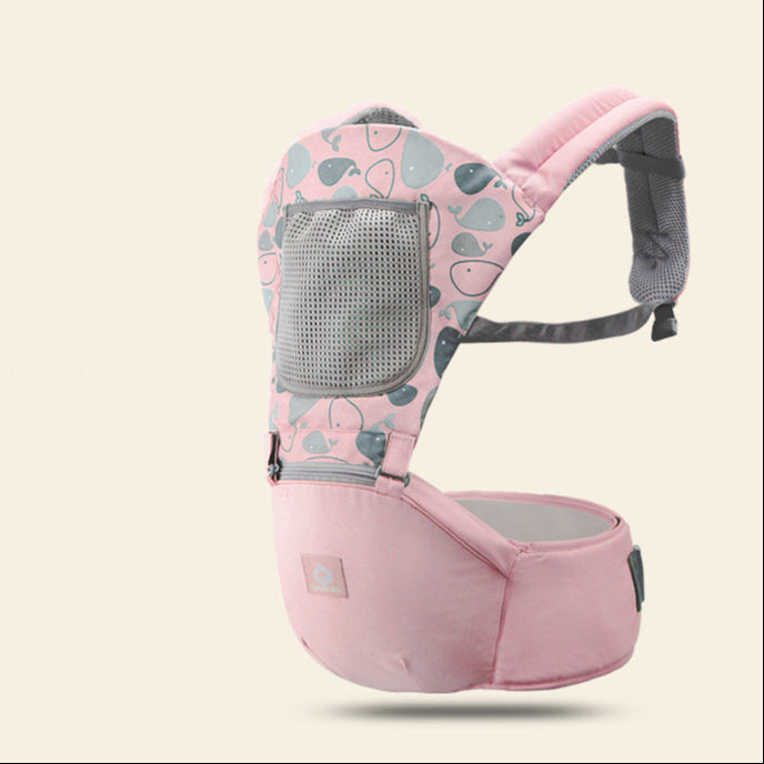Pink baby carrier with pattern on a beige background