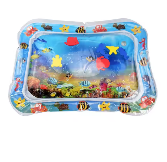 Inflatable water mat with underwater scene and colorful fish design on a white background