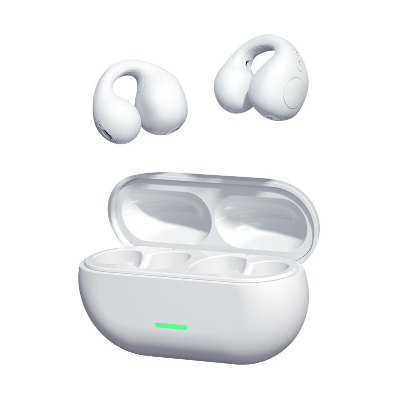 White wireless earbuds with charging case on a white background