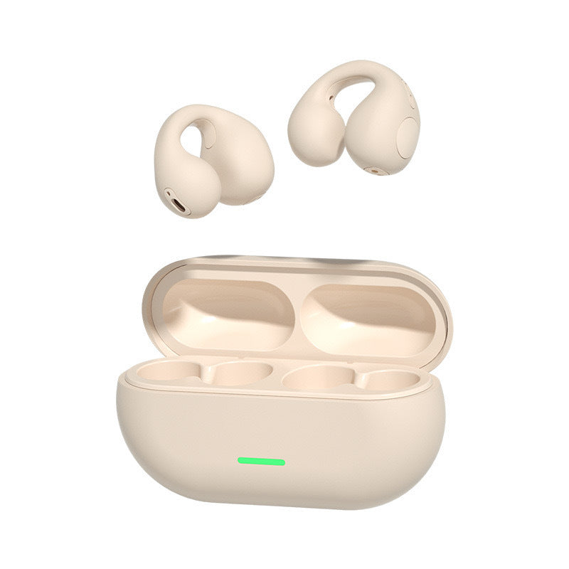 Beige wireless earbuds with charging case on a white background