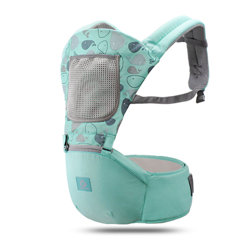 Mint green baby carrier with gray whale pattern on a white background