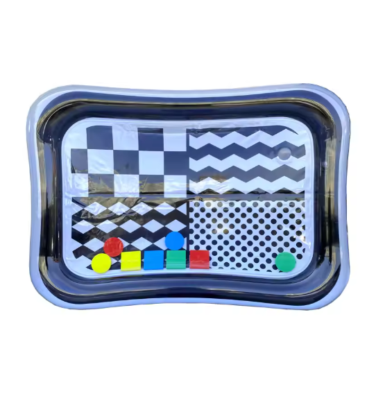 Colorful geometric shapes on a checkered background inside a transparent container with blue rim.