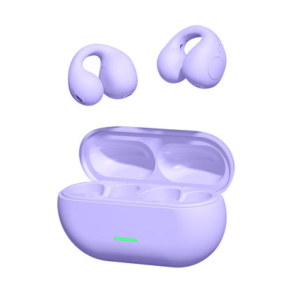 Purple wireless earbuds with charging case on a white background