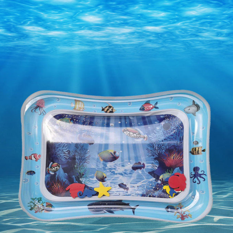 Inflatable Baby Water Mat with underwater scene and fish illustrations on a blue water background