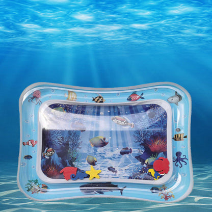 Inflatable Baby Water Mat with underwater scene and fish illustrations on a blue water background