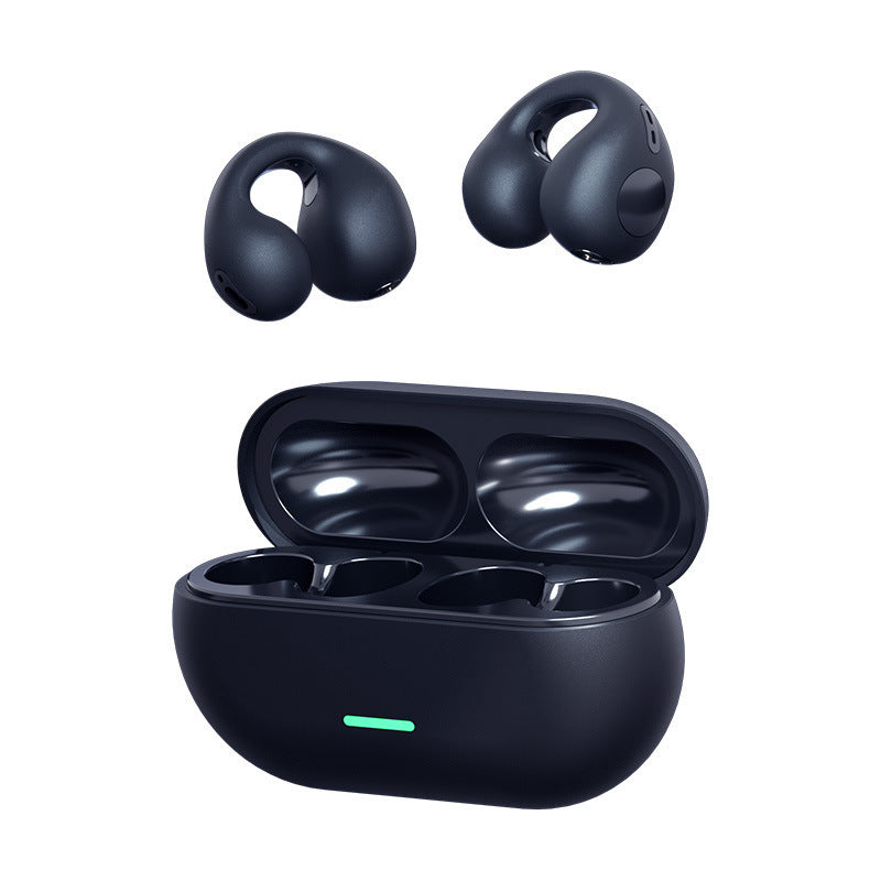 Black wireless earbuds with charging case on a white background