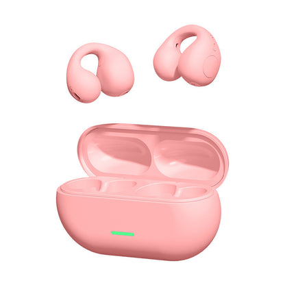 Pink wireless earbuds with charging case on a white background