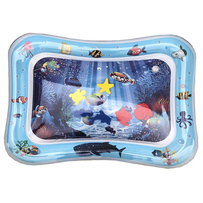 Inflatable water mat with underwater scene and fish illustrations on a white background