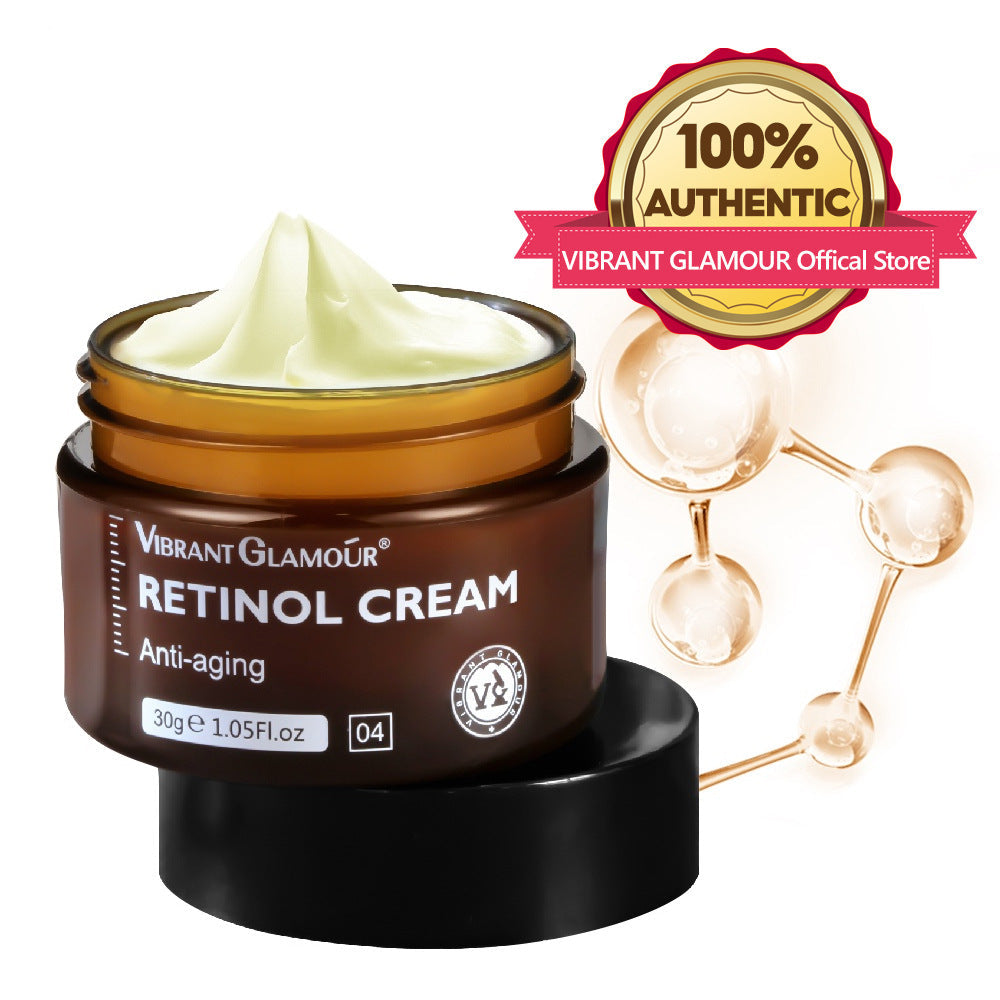 Vibrant Glamour Retinol Cream jar with cream visible, branded as 100% authentic.